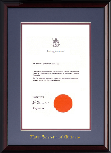(#3 BLUE) Notary Public (8.5x14V) - Wood frame with glossy mahogany finish, blue and maroon mat board and gold embossing